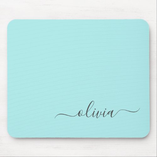 Aqua Blue Teal Girly Script Monogram Name Modern Mouse Pad