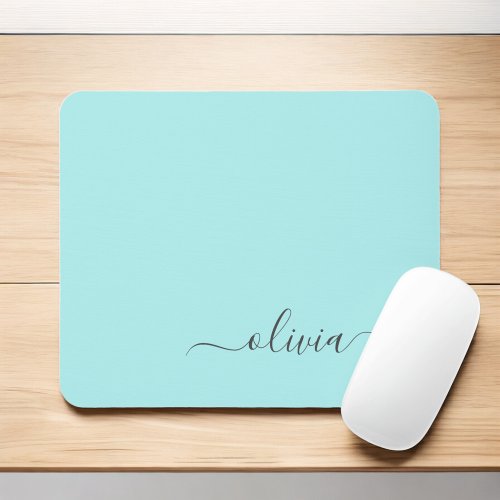 Aqua Blue Teal Girly Script Monogram Name Modern Mouse Pad