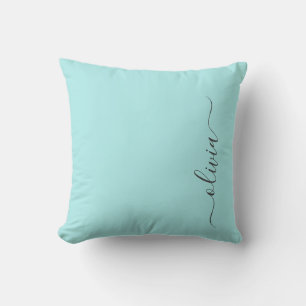 Aqua Blue Teal Girly Script Monogram Name Modern Throw Pillow