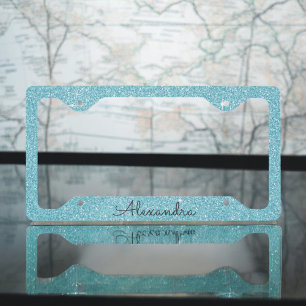 Aqua Blue Teal Glitter and Sparkle Monogram License Plate Frame