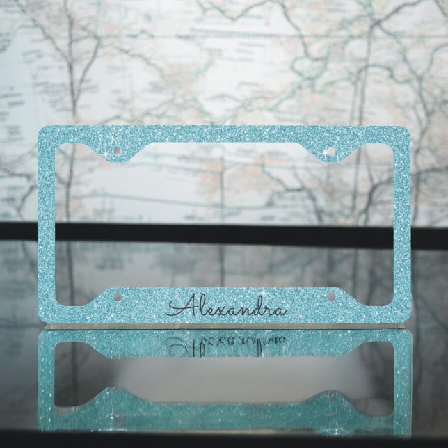 Aqua Blue Teal Glitter and Sparkle Monogram License Plate Frame (Creator Uploaded)