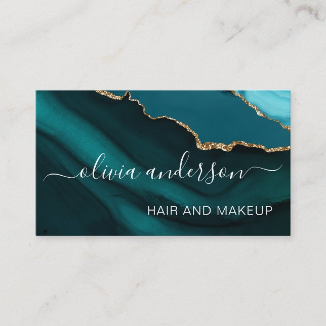 Aqua Blue Teal Gold Agate Geode Hair Makeup Salon Business Card (Front)