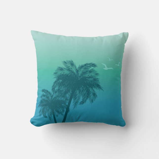Aqua Blue Teal Green Palm Trees Tropical Summer Throw Pillow (Front)