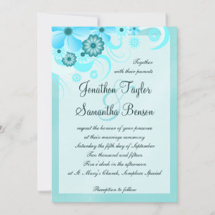 Aqua Blue Teal Hibiscus Floral Wedding Invitation