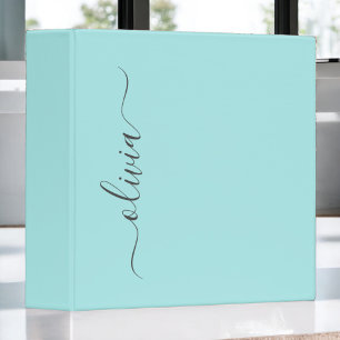Aqua Blue Teal Modern Script Girly Monogram Name 3 Ring Binder