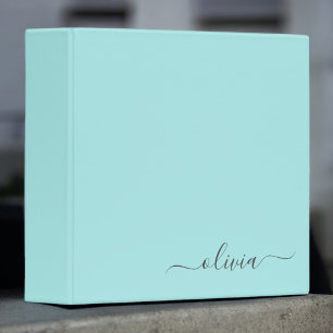 Aqua Blue Teal Modern Script Girly Monogram Name 3 Ring Binder