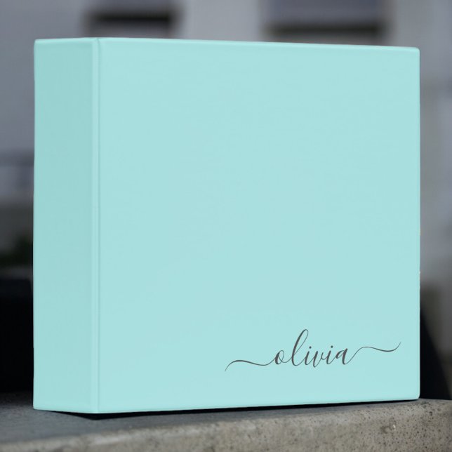 Aqua Blue Teal Modern Script Girly Monogram Name 3 Ring Binder (Creator Uploaded)