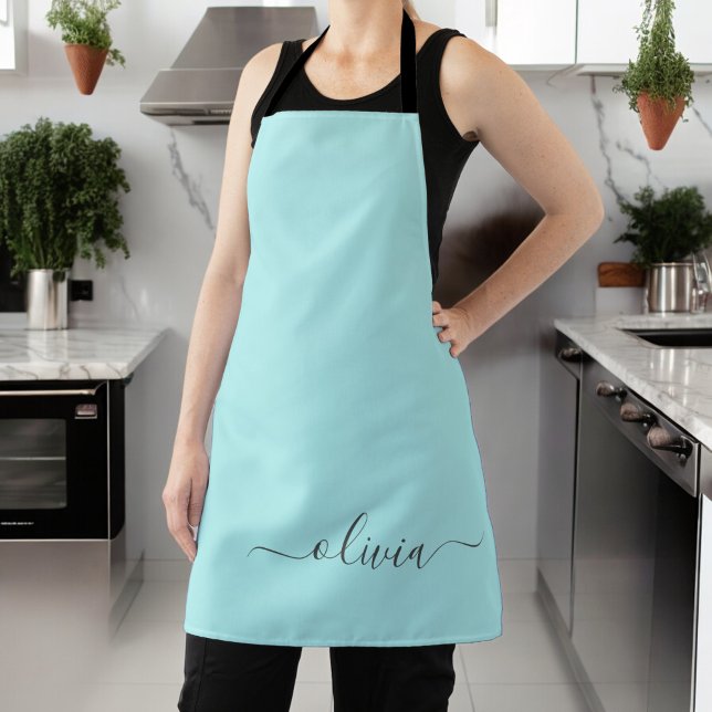 Aqua Blue Teal Modern Script Girly Monogram Name Apron (Creator Uploaded)