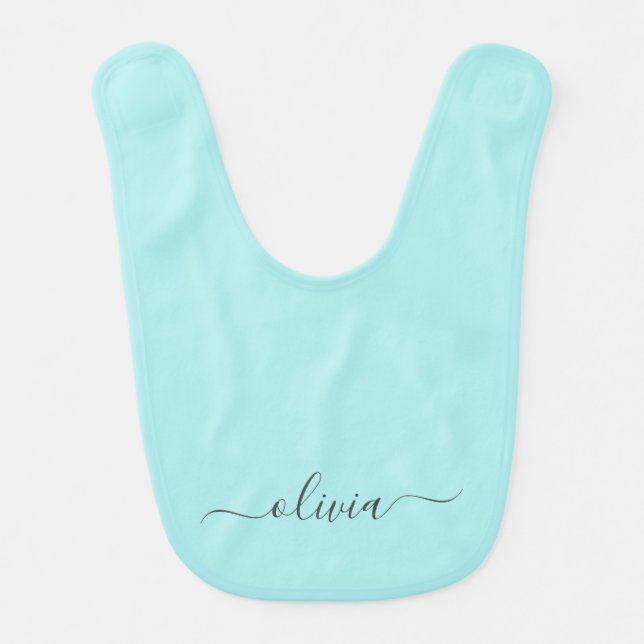 Aqua Blue Teal Modern Script Girly Monogram Name Baby Bib (Front)