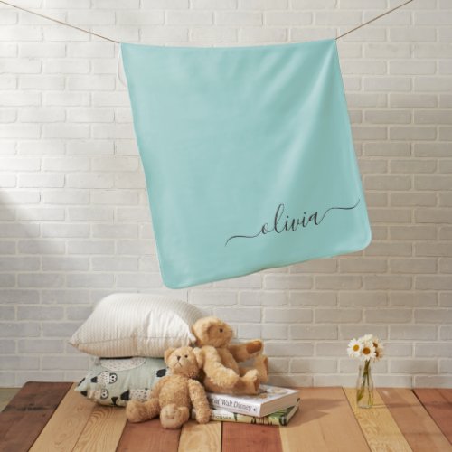 Aqua Blue Teal Modern Script Girly Monogram Name Baby Blanket