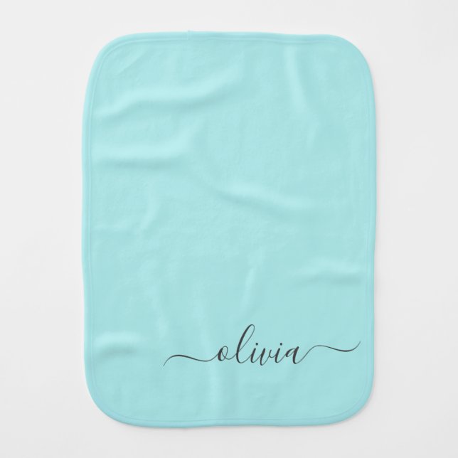 Aqua Blue Teal Modern Script Girly Monogram Name Baby Burp Cloth (Front)