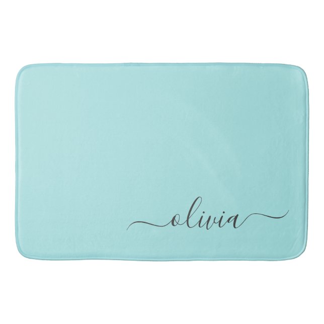 Aqua Blue Teal Modern Script Girly Monogram Name Bath Mat (Front)
