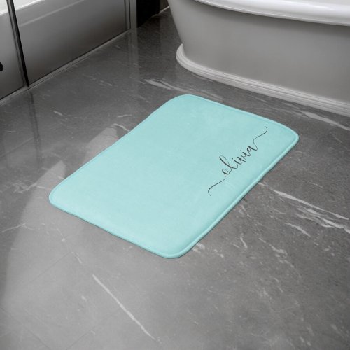 Aqua Blue Teal Modern Script Girly Monogram Name Bath Mat