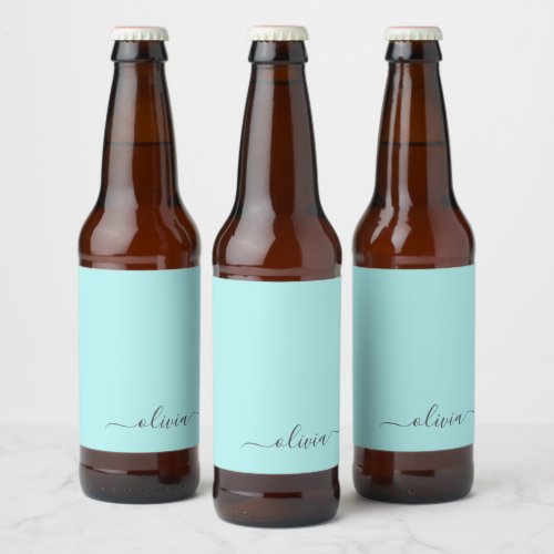Aqua Blue Teal Modern Script Girly Monogram Name Beer Bottle Label