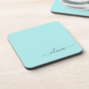 Aqua Blue Teal Modern Script Girly Monogram Name Beverage Coaster