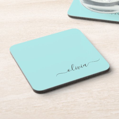 Aqua Blue Teal Modern Script Girly Monogram Name Beverage Coaster