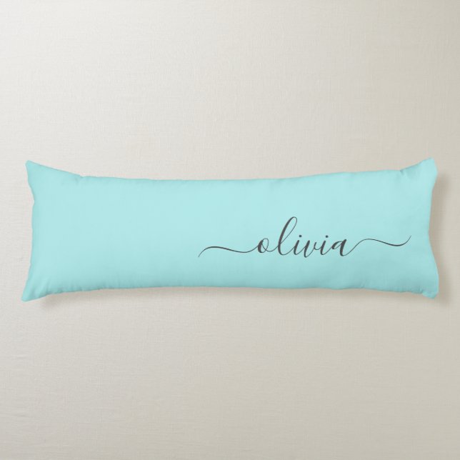 Aqua Blue Teal Modern Script Girly Monogram Name Body Pillow (Front)