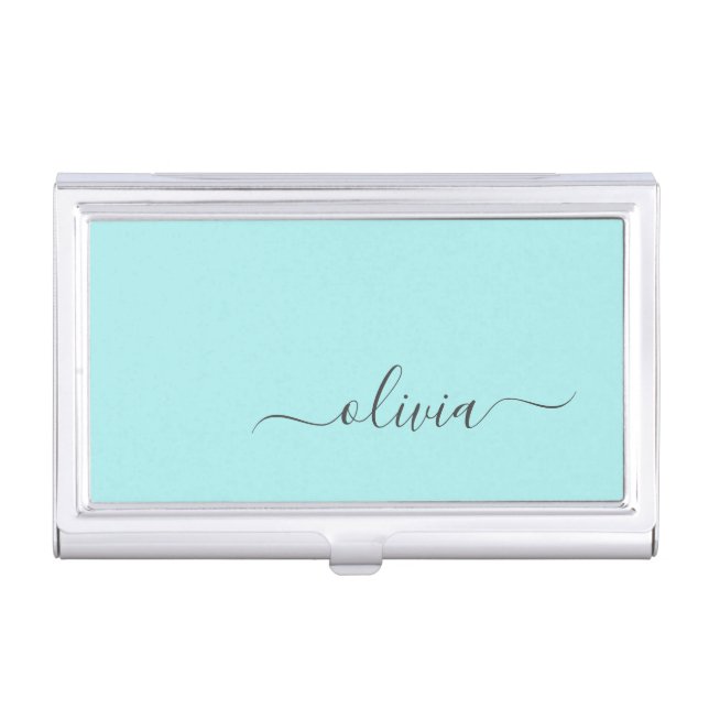 Aqua Blue Teal Modern Script Girly Monogram Name Business Card Case (Front)