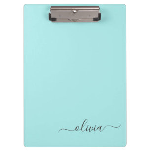 Aqua Blue Teal Modern Script Girly Monogram Name Clipboard