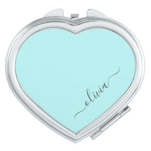 Aqua Blue Teal Modern Script Girly Monogram Name Compact Mirror