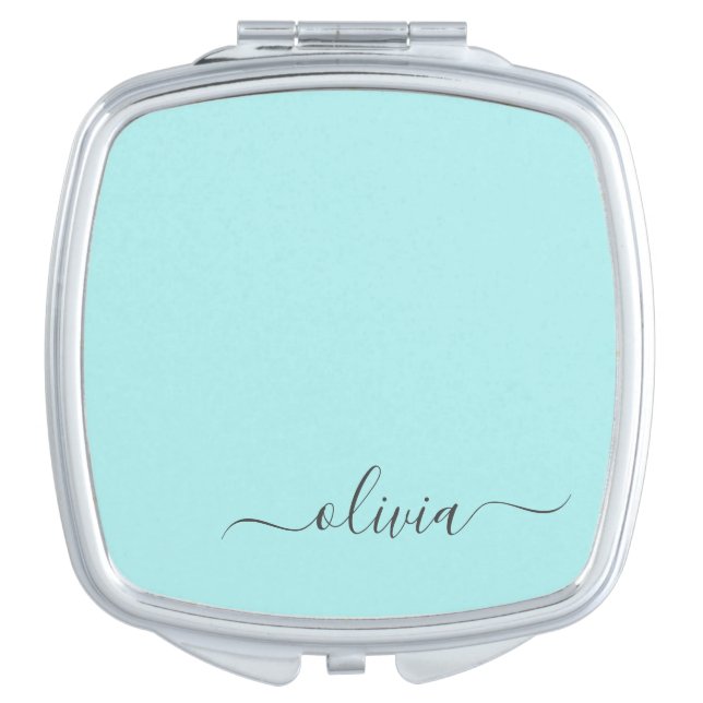 Aqua Blue Teal Modern Script Girly Monogram Name Compact Mirror (Front)