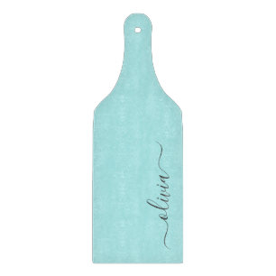 Aqua Blue Teal Modern Script Girly Monogram Name Cutting Board