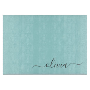 Aqua Blue Teal Modern Script Girly Monogram Name Cutting Board