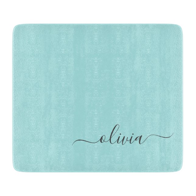 Aqua Blue Teal Modern Script Girly Monogram Name Cutting Board (Front)