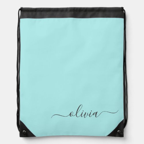 Aqua Blue Teal Modern Script Girly Monogram Name Drawstring Bag