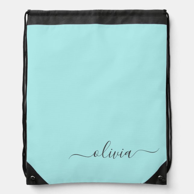 Aqua Blue Teal Modern Script Girly Monogram Name Drawstring Bag (Front)