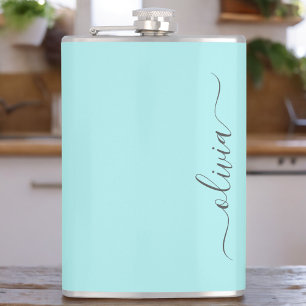 Aqua Blue Teal Modern Script Girly Monogram Name Flask