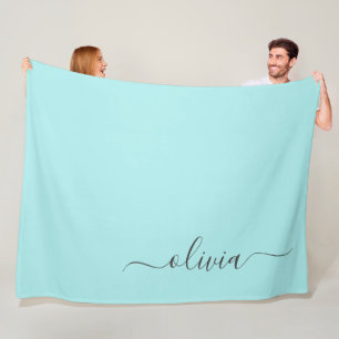 Aqua Blue Teal Modern Script Girly Monogram Name Fleece Blanket