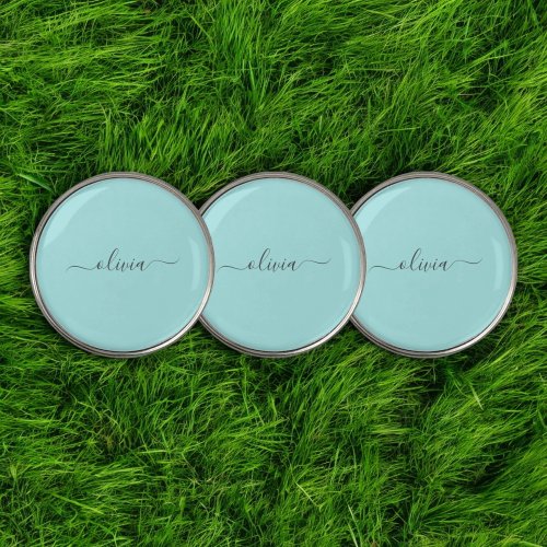 Aqua Blue Teal Modern Script Girly Monogram Name Golf Ball Marker