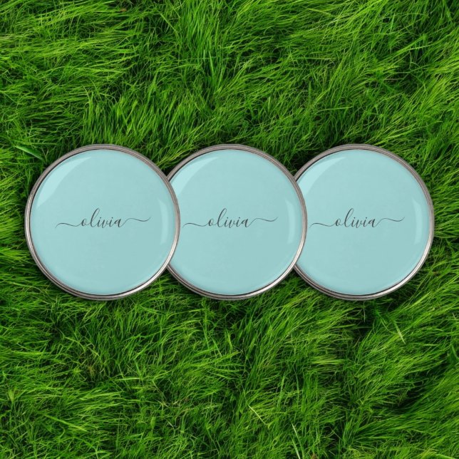 Aqua Blue Teal Modern Script Girly Monogram Name Golf Ball Marker (Creator Uploaded)