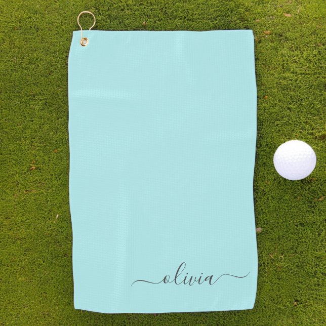 Aqua Blue Teal Modern Script Girly Monogram Name Golf Towel (Creator Uploaded)