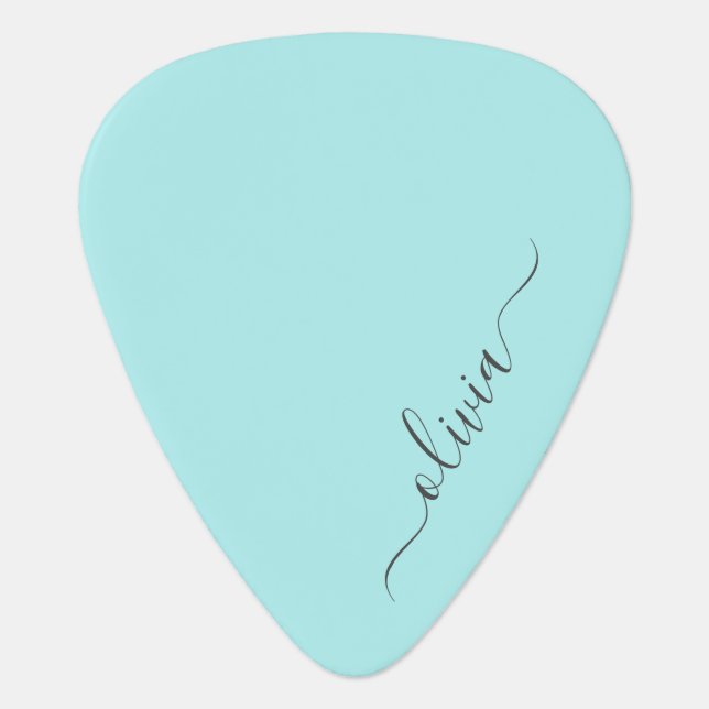 Aqua Blue Teal Modern Script Girly Monogram Name Guitar Pick (Front)