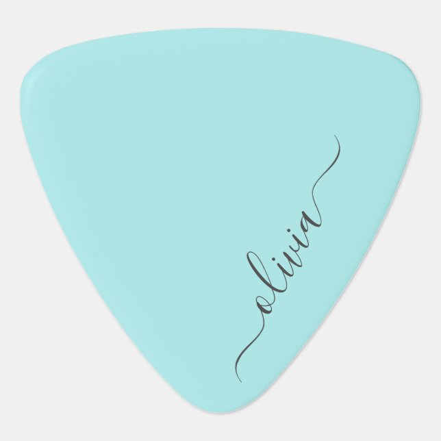 Aqua Blue Teal Modern Script Girly Monogram Name Guitar Pick (Front)