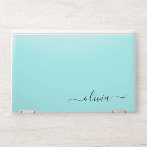 Aqua Blue Teal Modern Script Girly Monogram Name HP Laptop Skin