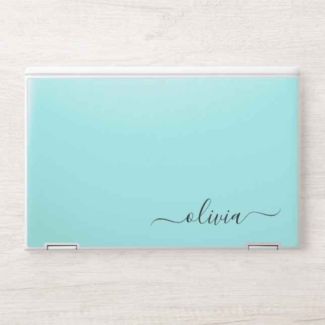 Aqua Blue Teal Modern Script Girly Monogram Name HP Laptop Skin (Front)