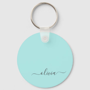 Aqua Blue Teal Modern Script Girly Monogram Name Keychain