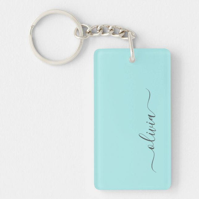 Aqua Blue Teal Modern Script Girly Monogram Name Keychain (Front)