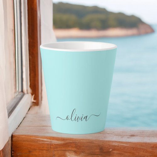 Aqua Blue Teal Modern Script Girly Monogram Name Latte Mug
