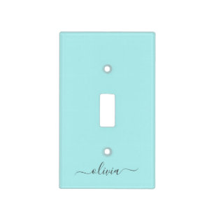 Aqua Blue Teal Modern Script Girly Monogram Name Light Switch Cover