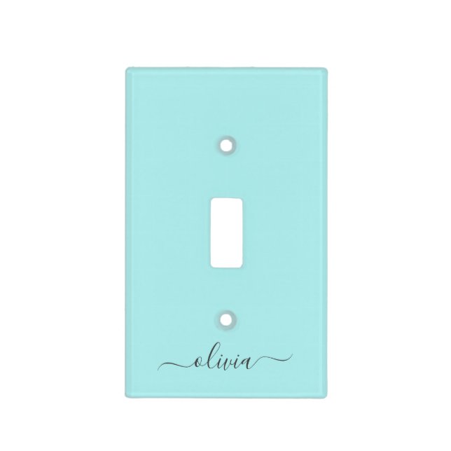 Aqua Blue Teal Modern Script Girly Monogram Name Light Switch Cover (Front)
