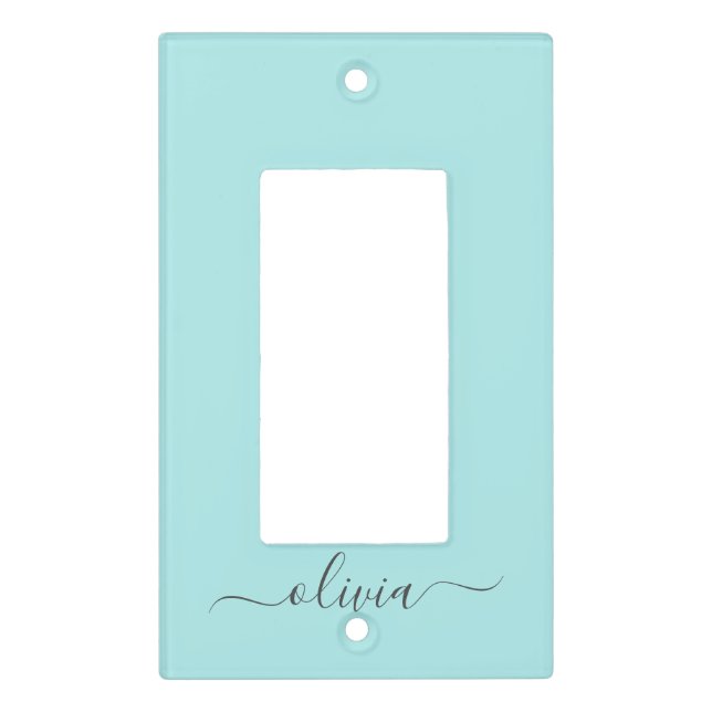 Aqua Blue Teal Modern Script Girly Monogram Name Light Switch Cover (Front)