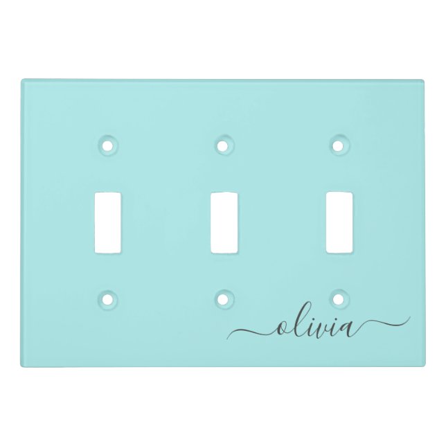 Aqua Blue Teal Modern Script Girly Monogram Name Light Switch Cover (Front)