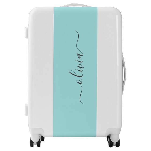 Aqua Blue Teal Modern Script Girly Monogram Name Luggage (Front)