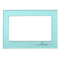 Aqua Blue Teal Modern Script Girly Monogram Name Magnetic Frame
