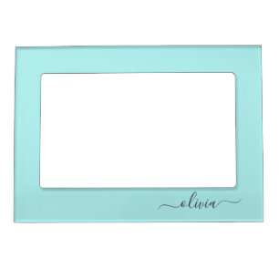 Aqua Blue Teal Modern Script Girly Monogram Name Magnetic Frame