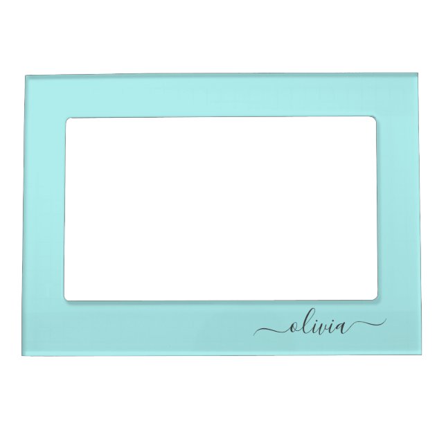Aqua Blue Teal Modern Script Girly Monogram Name Magnetic Frame (Front)